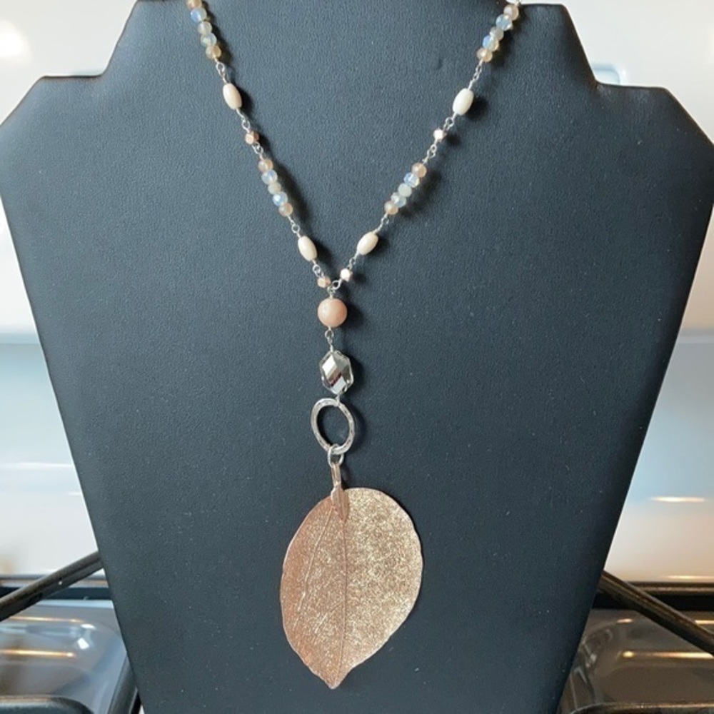 3D metal leaf necklace with beaded chain